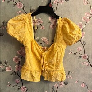 Yellow Lace-Up Puff Sleeve Top